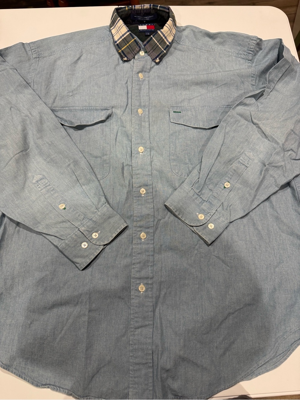 Tommy Hilfiger Light Blue Chambray Button-Down Shirt with Plaid Collar